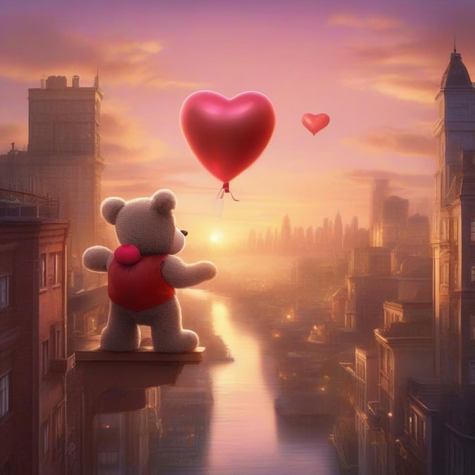 This adorable teddy bear is taking in the breathtaking view of the city skyline as the sun sets, with a heart-shaped balloon adding a touch of whimsy to the scene.