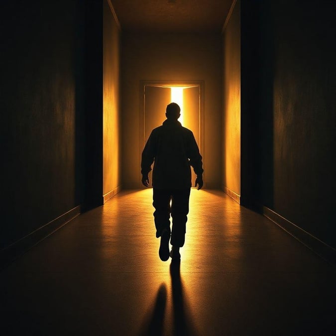 This captivating desktop wallpaper features a striking silhouette of a man walking down a hallway, set against a backdrop of a bright light at the end of the corridor. The image exudes a sense of determination and focus, making it an inspiring addition to any device.