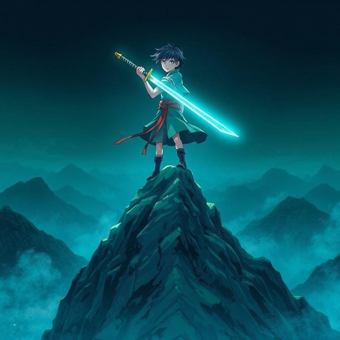 This anime-inspired wallpaper features a young samurai standing triumphantly on a mountain peak, with their sword glowing with an ethereal light. The dark background is set against a backdrop of blues and greens, creating a mysterious and captivating atmosphere.