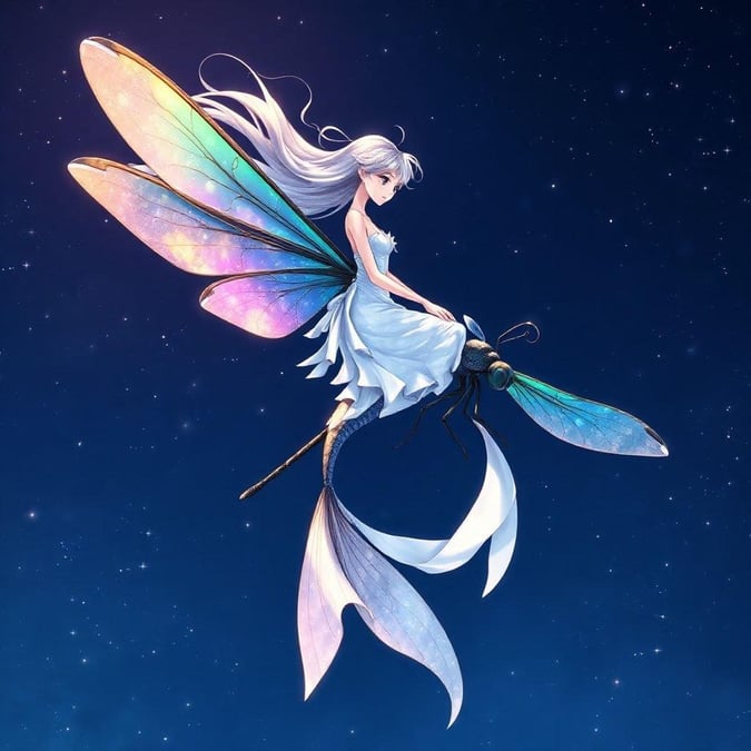 A beautiful anime illustration of a mermaid princess riding on the back of a dragonfly, creating an enchanting atmosphere.