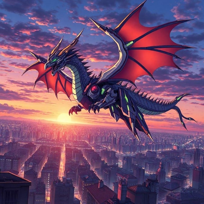 This stunning anime wallpaper features a majestic mecha dragon soaring over a cityscape at sunset, showcasing intricate details and a warm, vibrant color palette.