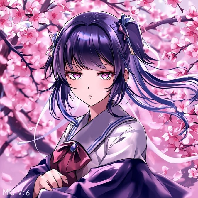 A schoolgirl, with long flowing hair and a tail like a fluttering scarf, gazes off to the side. Her serene expression is enhanced by the backdrop of pink cherry blossoms. This wallpaper brings an ethereal touch to your desktop.