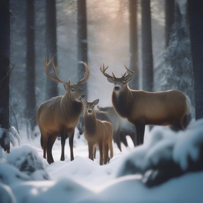 A serene winter scene with a group of deer in a snow-covered forest. The sunlight shines through the trees, creating a magical atmosphere.