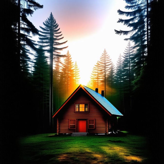 A cozy cabin nestled deep within the forest. The golden sun shines through the trees, casting a warm glow on the wooden structure. The serene setting evokes feelings of tranquility and peacefulness.