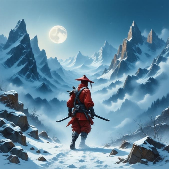 Embark on a thrilling nighttime adventure through a breathtaking mountainous landscape with a brave ninja, poised for action amidst the serene beauty of nature.