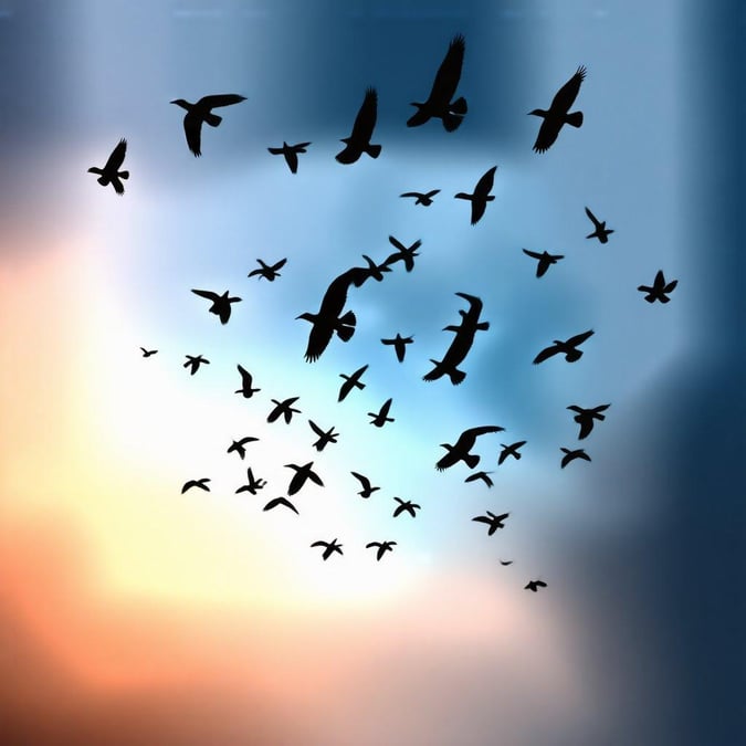 This tranquil wallpaper captures a flock of birds soaring high in the sky. The silhouette of these migrating creatures against a vibrant backdrop creates an uplifting and inspiring scene that's perfect for desktop or mobile screens.