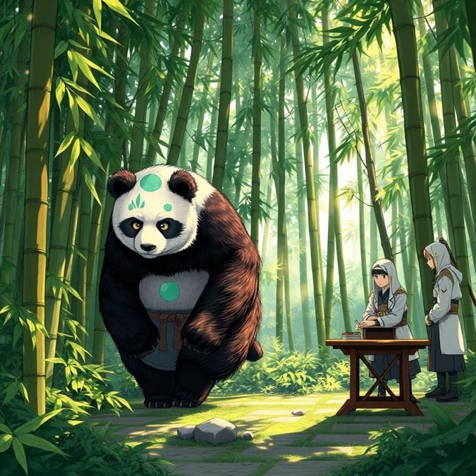 This captivating anime illustration features a giant panda ninja, exuding tranquility as it sneaks past a group of guards. The panda's magical aura and kaleidoscope fur blend seamlessly with the serene atmosphere, making this image a stunning addition to any desktop or mobile wallpaper.