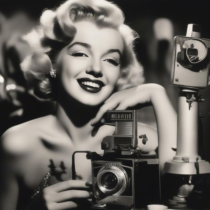 This image captures the iconic style of Marilyn Monroe, reminiscent of her early Hollywood days. With her signature look and a vintage camera, she embodies the timeless elegance of classic cinema.