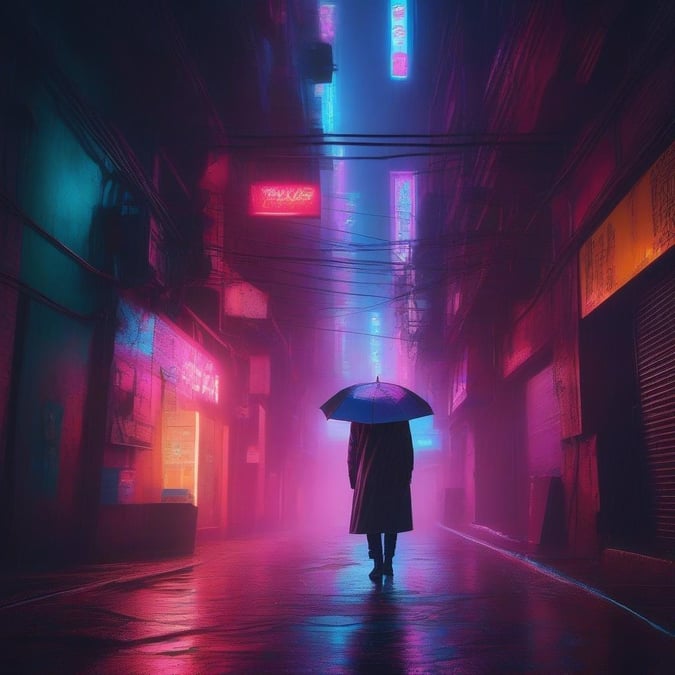 Step into the vibrant world of neon and cyberpunk with this stunning wallpaper. The dark alleyway is bathed in a kaleidoscope of colors, creating a futuristic and captivating atmosphere.