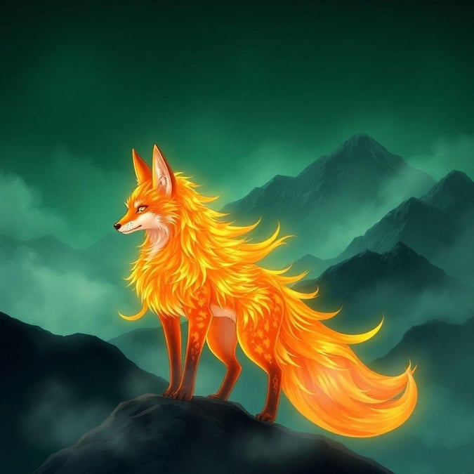 Immerse yourself in the mystical world of anime with this captivating illustration of a majestic fox spirit. Its striking orange and yellow fur stands out against the dark green and black background, while its piercing gaze draws you in. The misty mountain range adds depth and mystery to this enchanting scene.