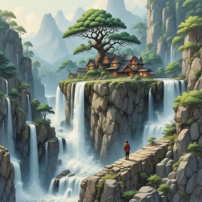 Immerse yourself in the serene beauty of this anime fantasy village, where the majestic waterfall and towering tree create a sense of wonder and tranquility.