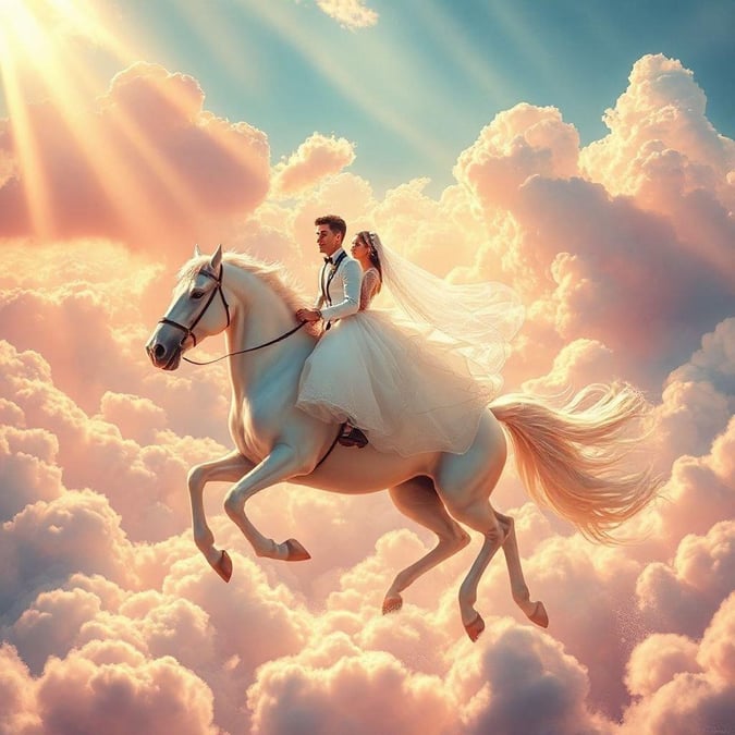 This beautiful wallpaper captures the magic of a wedding day, with a bride and groom riding a majestic white horse amidst a backdrop of fluffy clouds and a radiant sun. The image exudes romance and joy, making it a perfect fit for any wedding or anniversary celebration.