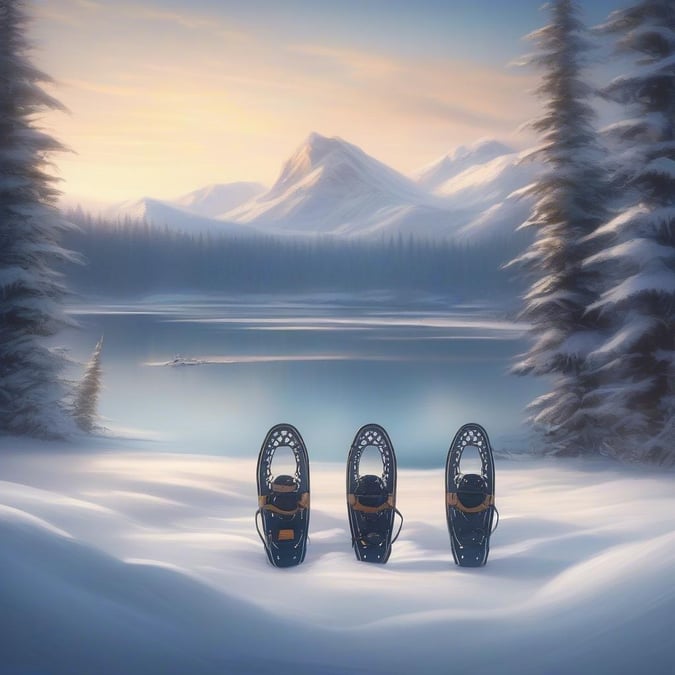 Escape to a serene winter wonderland with this breathtaking snowshoeing wallpaper. The tranquil lake, majestic mountains, and snow-covered trees create a peaceful atmosphere, perfect for relaxation and inspiration.