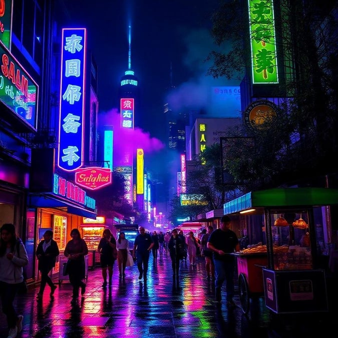 This vibrant city street scene is lit up with colorful lights that make for an atmospheric backdrop. It's a typical night in New York City, with the neon glow of signs and shop windows illuminating the sidewalks where pedestrians are strolling.