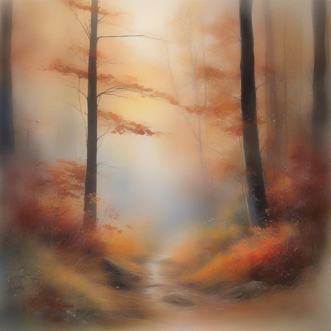 Enjoy the tranquil autumn path through a forest with tall trees and vibrant fall leaves.