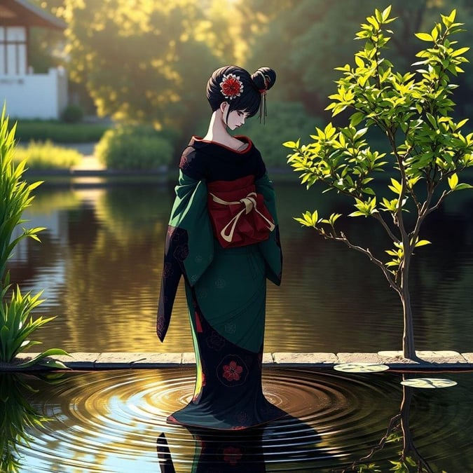 Plongez dans la beauté sereine d'une geisha de style anime se tenant gracieusement au bord d'un étang tranquille, entourée d'une végétation luxuriante et de la douce lumière du soleil.