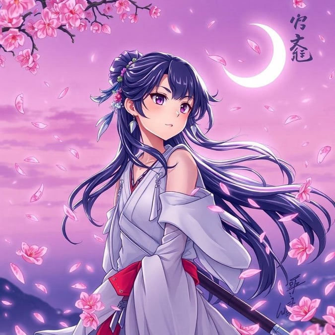 Eine ruhige Anime-Illustration einer jungen Ninja-Prinzessin, umgeben von rosa Kirschblütenblättern und einem zunehmenden Mond, vor einem sanften lila Himmel.