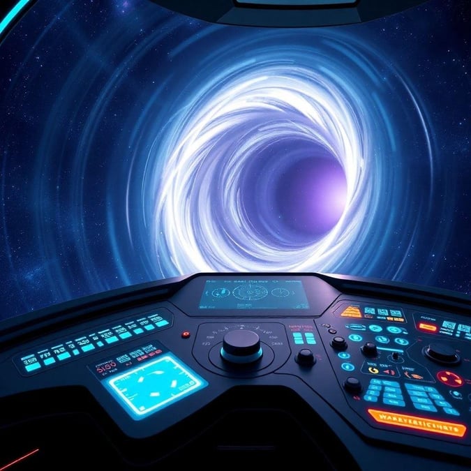 This image is a stunning representation of space exploration, with a futuristic spaceship navigating through a wormhole in the vastness of space. The image is perfect for anyone who loves technology and space travel.