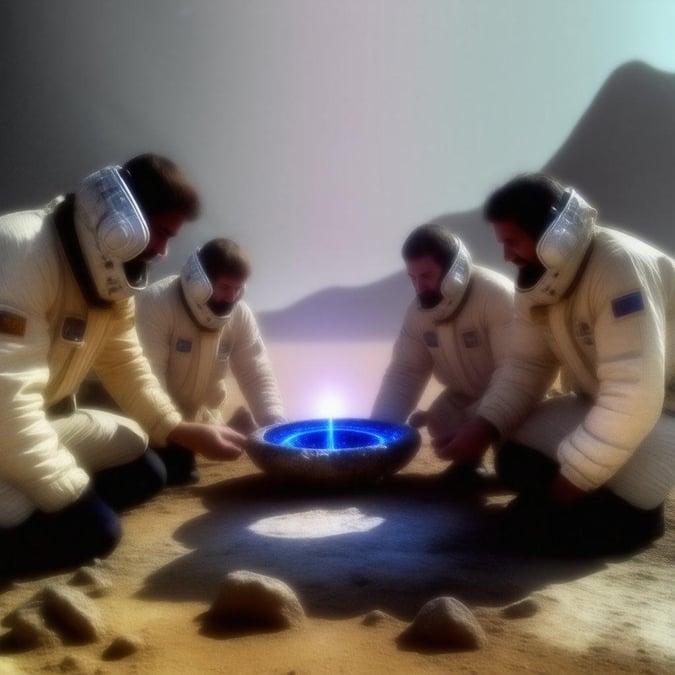 In this fantastical scene, four astronauts are huddled together on the Martian surface, their suits gleaming in the alien sunlight. They are surrounded by rocks that hint at the barren landscape of a distant planet. A portal hovers before them, its glowing blue light emitting an air of mystery and anticipation.