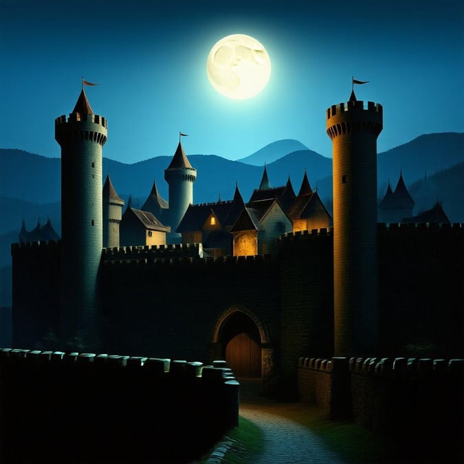 This majestic castle stands tall against the night sky, silhouetted by a full moon. A pathway leads invitingly through the gate, hinting at the adventures that might lie within its ancient walls. The image is perfect for gamers and fans of epic fantasy.