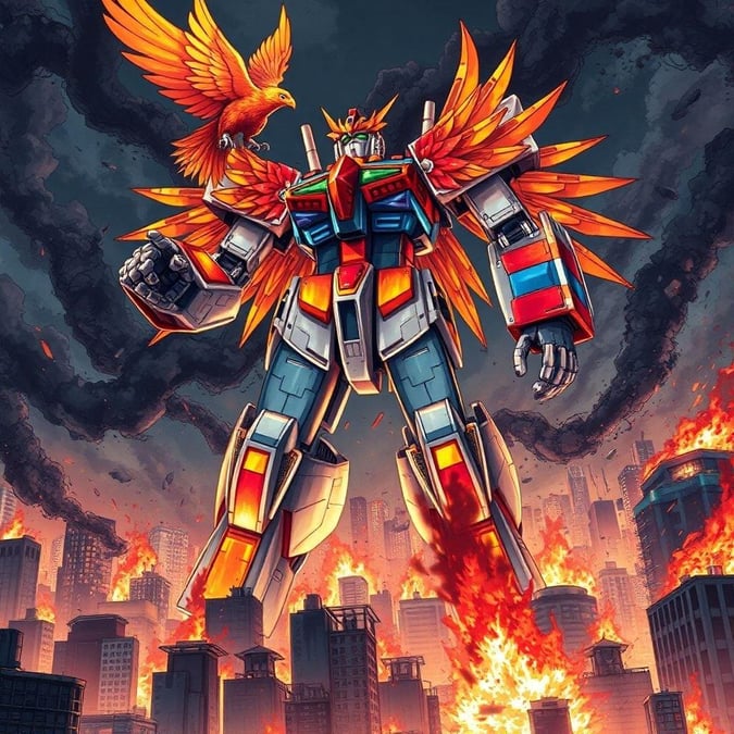 Dyk ner i animevärlden med denna fantastiska bakgrundsbild som visar en gigantisk robot som står stolt mitt i en stadsbild som är uppslukad av lågor och skräp. Robotens kropp är prydd med en fenix som stiger ur askan, vilket symboliserar hopp och motståndskraft. Dess huvud är lutat åt vänster, medan dess armar är upplyfta som om den är i rörelse, som om den blåser en örn. Den mörka, kusliga atmosfären bidrar till den dramatiska effekten, vilket gör denna bakgrundsbild till ett perfekt val för anime- och science fiction-fans.