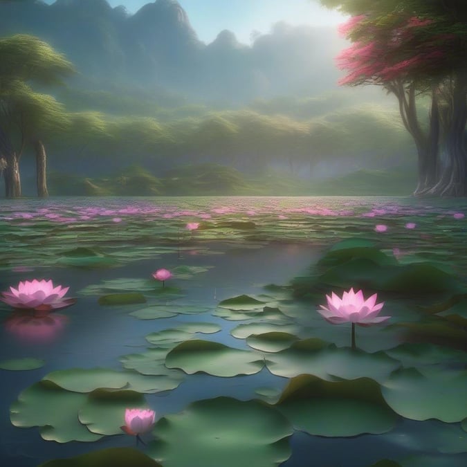 This stunning wallpaper features a picturesque pond scene, complete with lily pads and vibrant flowers. The surrounding trees and mountains add depth and texture to the image, creating a sense of serenity and calm. Perfect for desktop or mobile use, this wallpaper is sure to bring a touch of nature's beauty to your device.