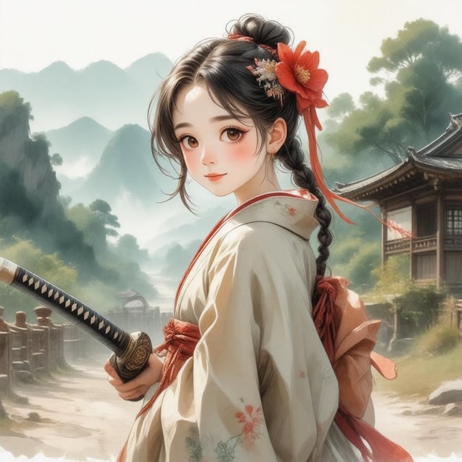 Uma impressionante ilustração de anime de uma jovem, vestida com trajes japoneses tradicionais, segurando uma katana com uma flor vermelha, ambientada em uma paisagem desfocada verde e marrom.