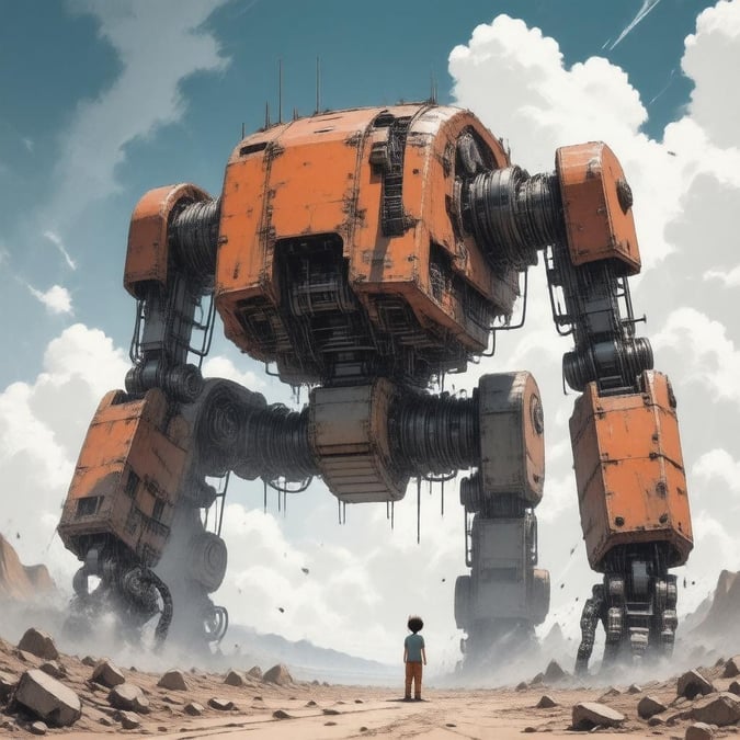 A young boy stands in awe of a large, orange robot in a desert landscape.