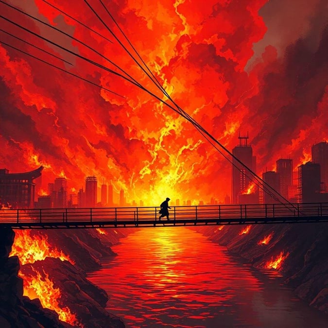 This anime-inspired wallpaper features a ninja walking along a narrow bridge, set against a backdrop of a cityscape engulfed in flames. The image is a digital illustration that captures the essence of a lone ninja, with a kaleidoscope of orange and yellow hues, and a large body of water below, creating an illusion of a solitary figure. The scene is dominated by red and orange tones, with the bridge's cables extending overhead, adding to the dramatic effect.