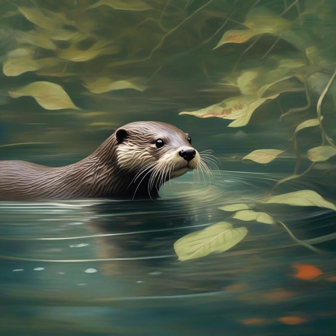 A river otter swimming in its natural habitat, surrounded by lush greenery and serene water.