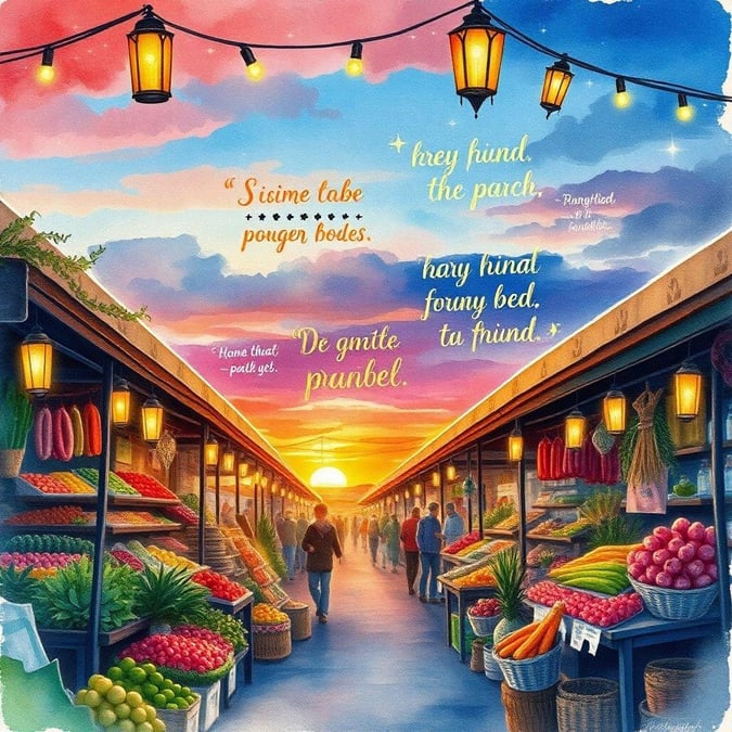 A bustling market during the golden hour, filled with fresh produce and lively atmosphere.