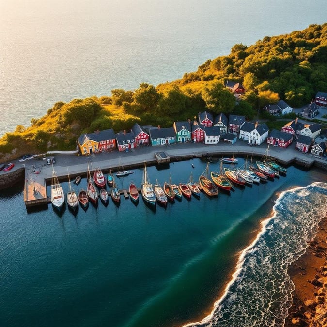 A vibrant coastal village overlooking the sea. The wharf is bustling with boats ready for a day on the water.