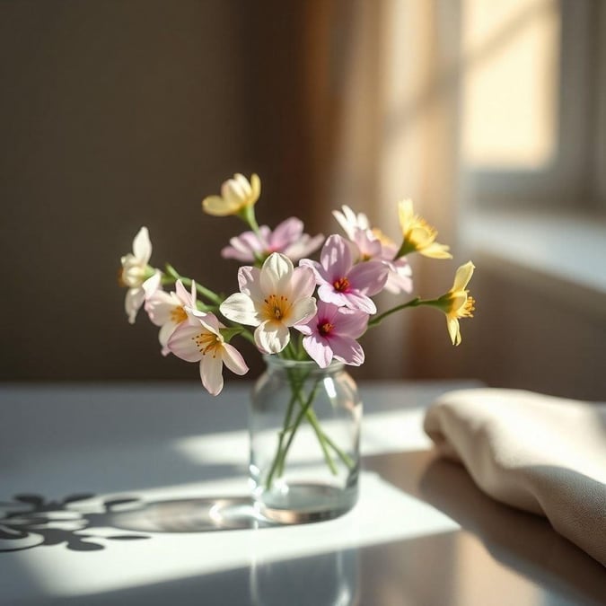 A refreshing and vibrant bouquet of purple, yellow, pink, and white flowers in a clear glass vase. This image is perfect for a springtime desktop or mobile wallpaper, infusing life into your digital space.