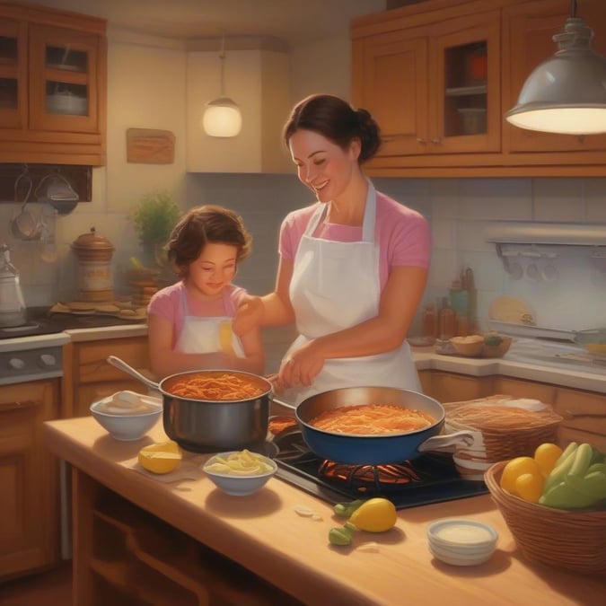 This image is a beautiful representation of a mother and daughter cooking together, perfect for Mother's Day celebrations. The warm and cozy atmosphere of the kitchen, combined with the loving bond between the two, makes this image a heartwarming addition to any home.