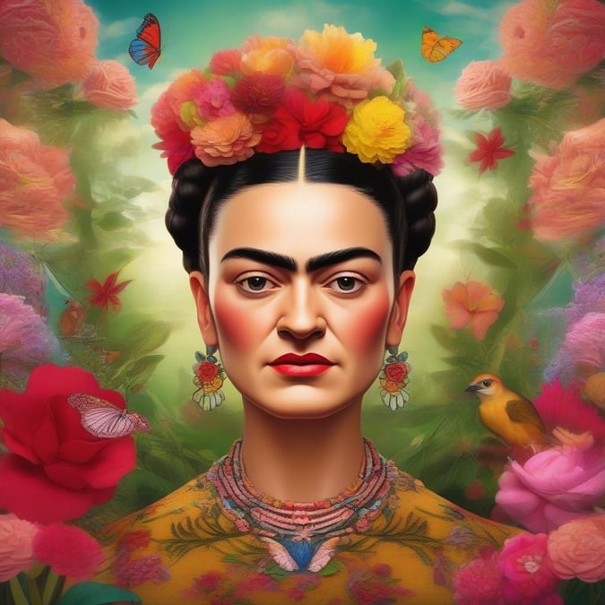 The iconic Mexican artist Frida Kahlo gazes out over a vibrant floral landscape, symbolizing her love for nature and her enduring impact on modern art.