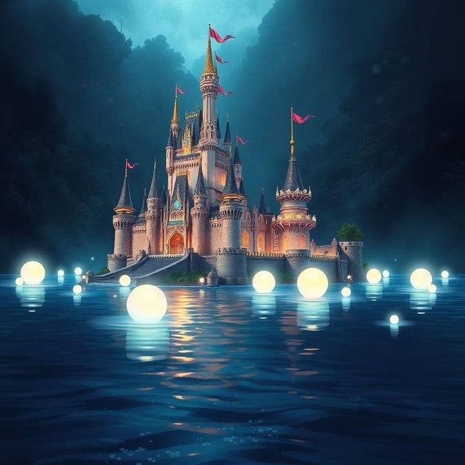 Step into a world of fantasy and wonder with this breathtaking Anime-style castle wallpaper. Surrounded by a moat filled with glowing orbs, the castle's majestic towers and turrets stand tall against a dark, mysterious backdrop.