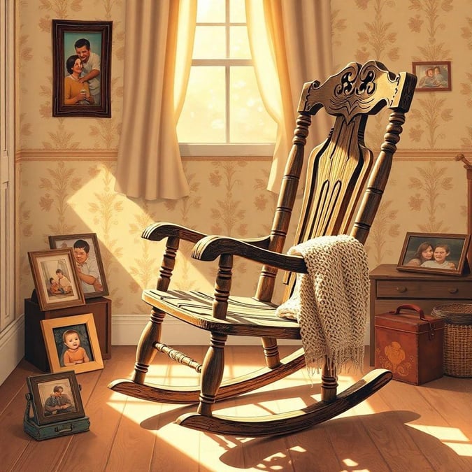 This heartwarming scene captures the essence of a traditional family photo with an old-fashioned wooden rocking chair, a beautifully decorated room, and precious memories in the form of family photos.