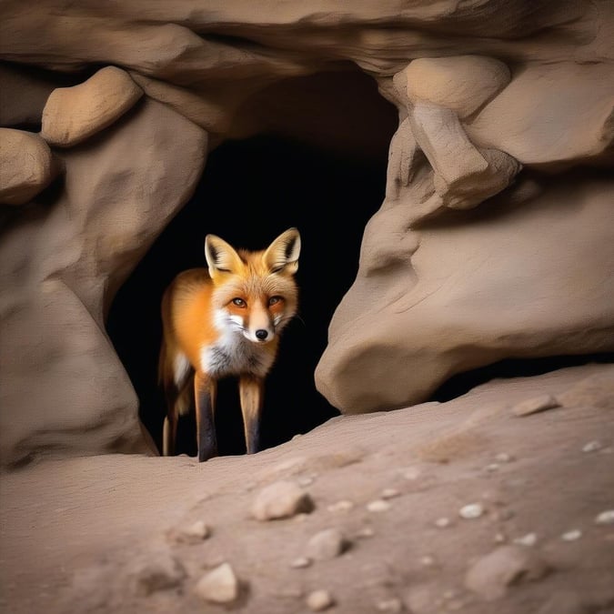 Adorable red fox peeking from its cave home, ready to explore the wilderness.