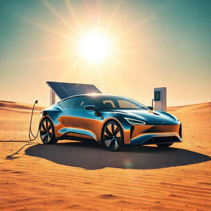 This image showcases an electric car charging in the desert, highlighting the convenience and sustainability of electric vehicles in remote areas.