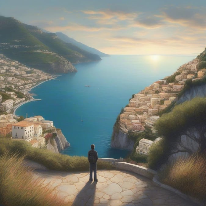 The image captures a breathtaking view of the Amalfi Coast, with the sea stretching out to the horizon and the town of Amalfi nestled in the valley. The sky is a brilliant blue, with only a few wispy clouds scattered across it.