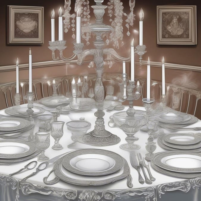 A beautifully set dining table with china, crystal, and candelabra, ready for a fine dining experience.