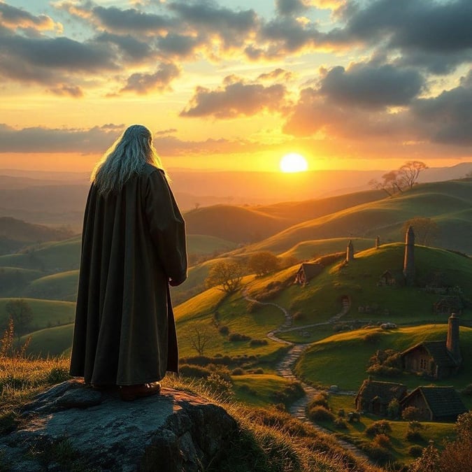 A mystical view of a hooded wizard overlooking a valley with a village at sunrise, reminiscent of 'The Lord of the Rings'.