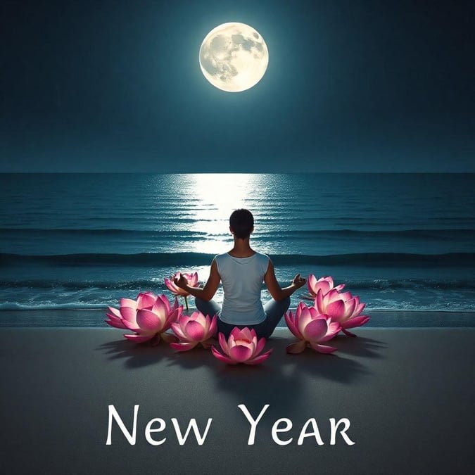 Start the year with mindfulness on this serene beach setting, featuring beautiful lotus flowers surrounding the meditating individual. This wallpaper is perfect for creating a calm and positive atmosphere as you welcome in 2021.