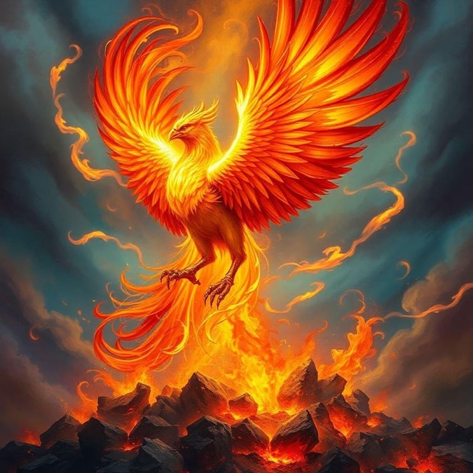 A stunning digital illustration of a phoenix rising from the ashes, surrounded by vibrant orange and yellow flames.