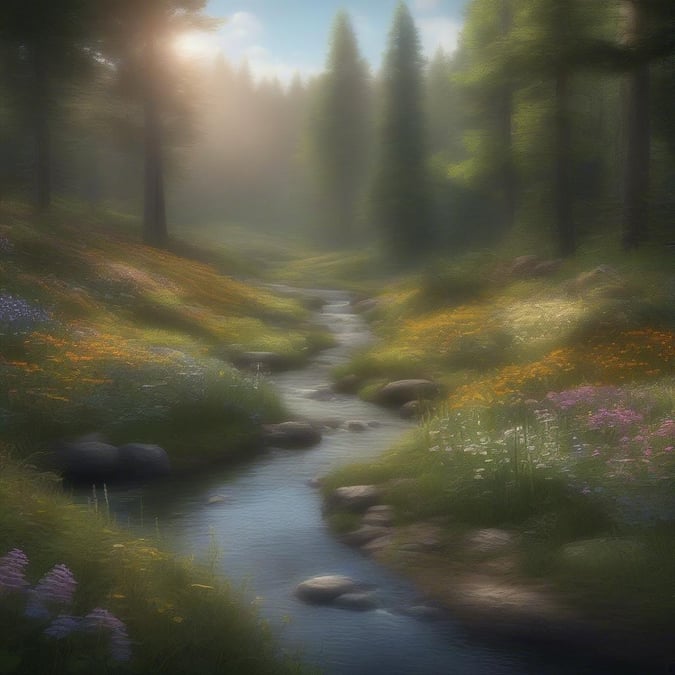 This stunning wallpaper features a picturesque forest scene, complete with a babbling brook, wildflowers, and towering trees. The soft, natural light adds to the sense of calm and serenity, making it the perfect backdrop for your desktop or mobile device.