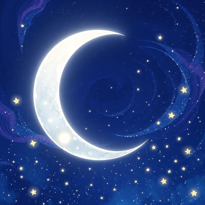 A beautifully detailed anime illustration of a tranquil night sky. The deep blue canvas is speckled with stars and the crescent moon, creating a serene nocturnal scene.