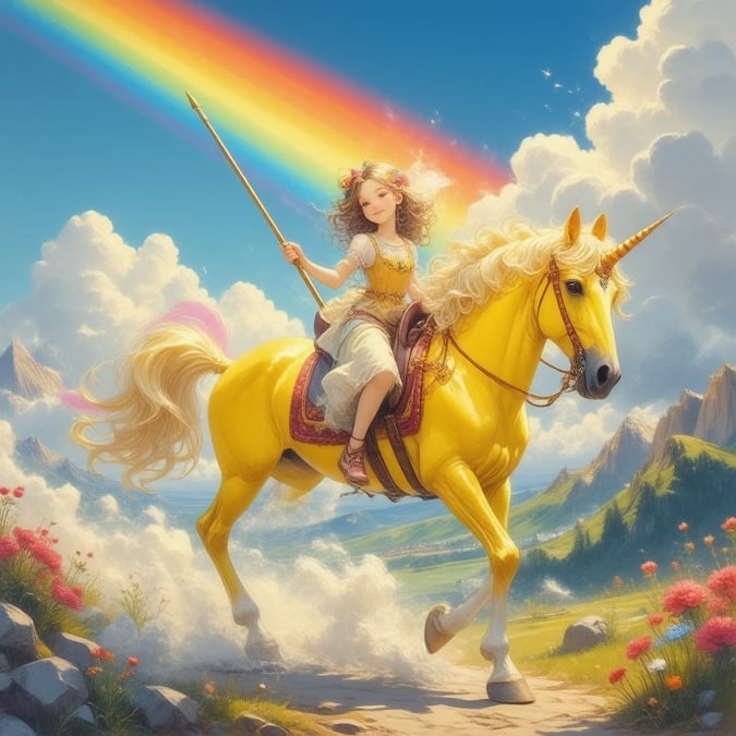 This wallpaper features a young girl riding a rainbow-colored unicorn through a vibrant landscape, creating a dreamlike and surreal scene with a bright rainbow and whimsical sky.