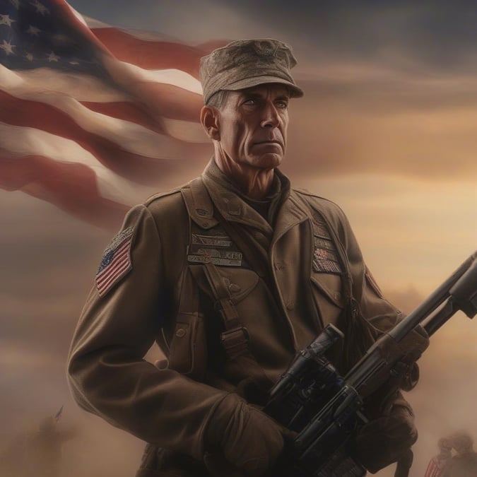 A proud soldier stands with his rifle, saluting the American flag on Independence Day.