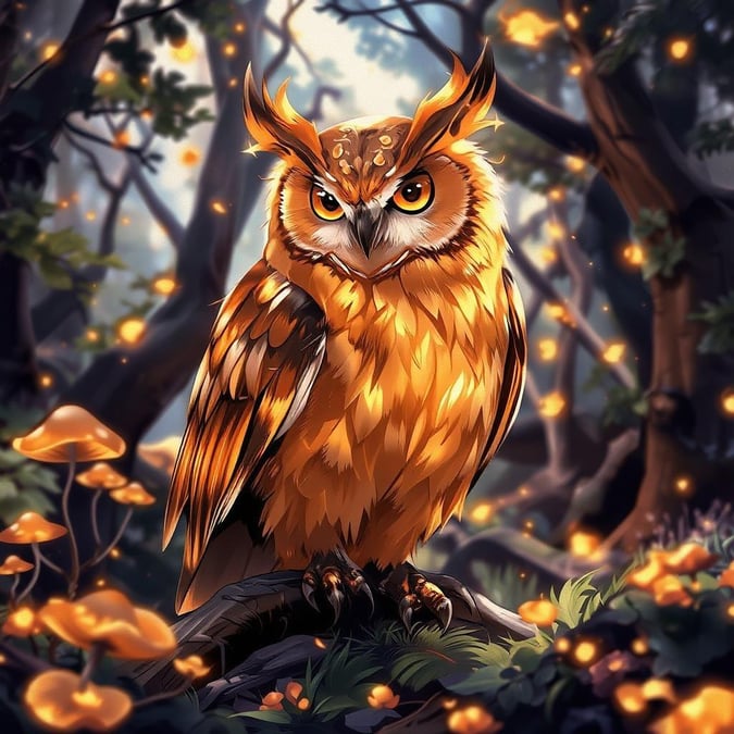 Immerse yourself in the enchanting world of this anime illustration, where a majestic owl takes center stage amidst a vibrant forest teeming with glowing mushrooms and fireflies.