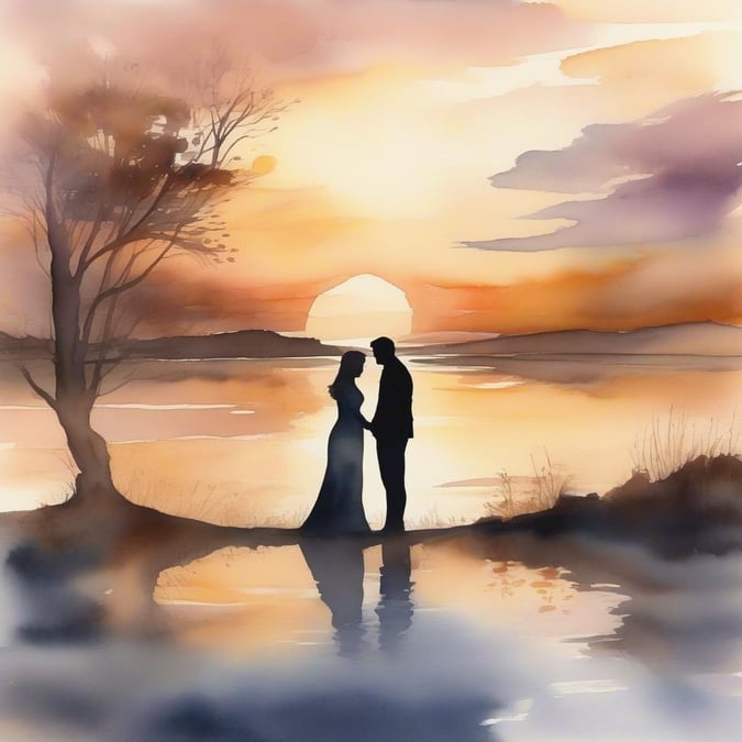 A couple shares an intimate moment at sunset, embracing love against the backdrop of a serene waterfront.